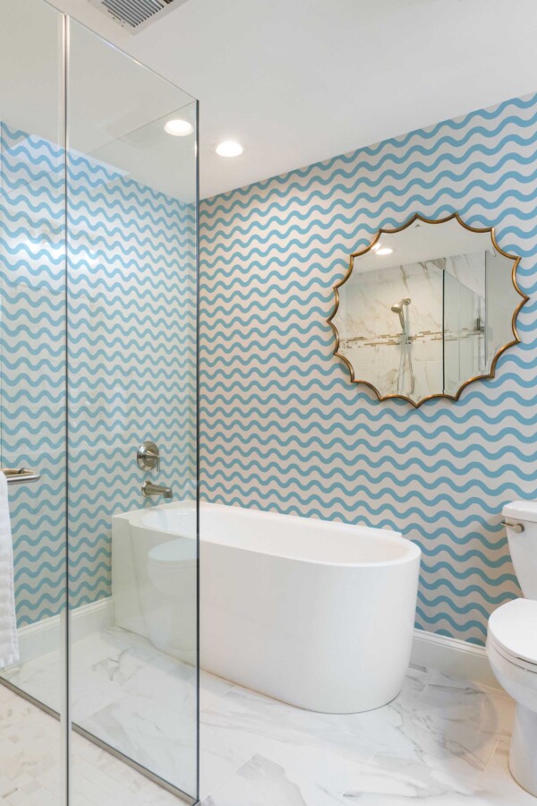 Fancy Walls removable wallpaper featuring coastal blue wavy lines