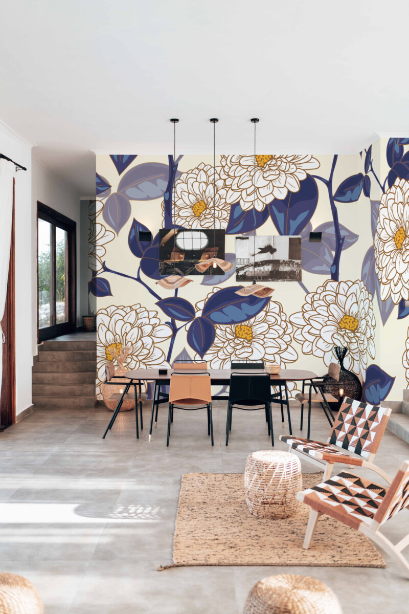 Fancy Walls White Blue Bold Flowers peel and stick wall mural with chinoiserie floral design in blue and white.