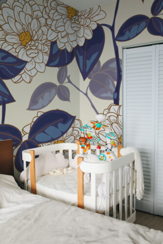 Fancy Walls Bold Blue Botanical Floral wall mural removable, perfect for brightening living room interiors.