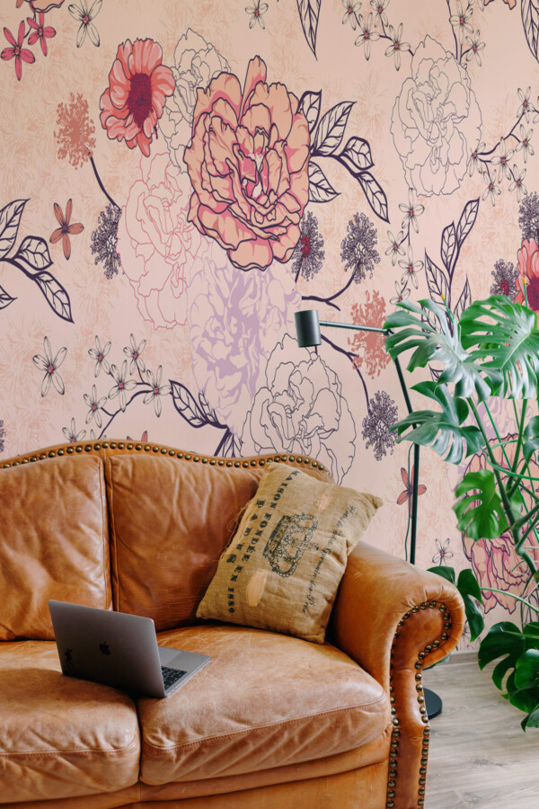 Pastel Outline Floral wall mural featuring delicate botanical details in soft pink tones for modern bedroom interiors.