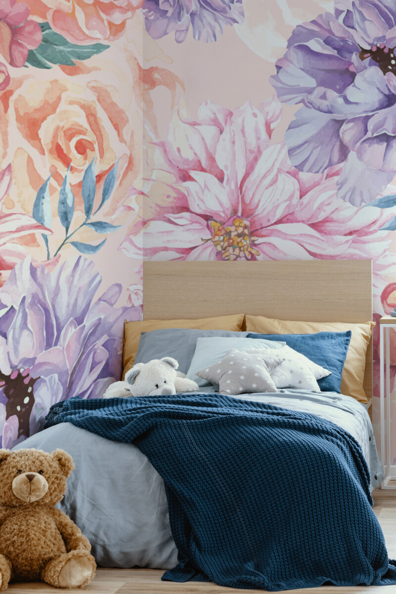 Bold Watercolor Floral removable wall mural featuring botanical blooms in dreamy pastel tones, perfect for romantic interiors.