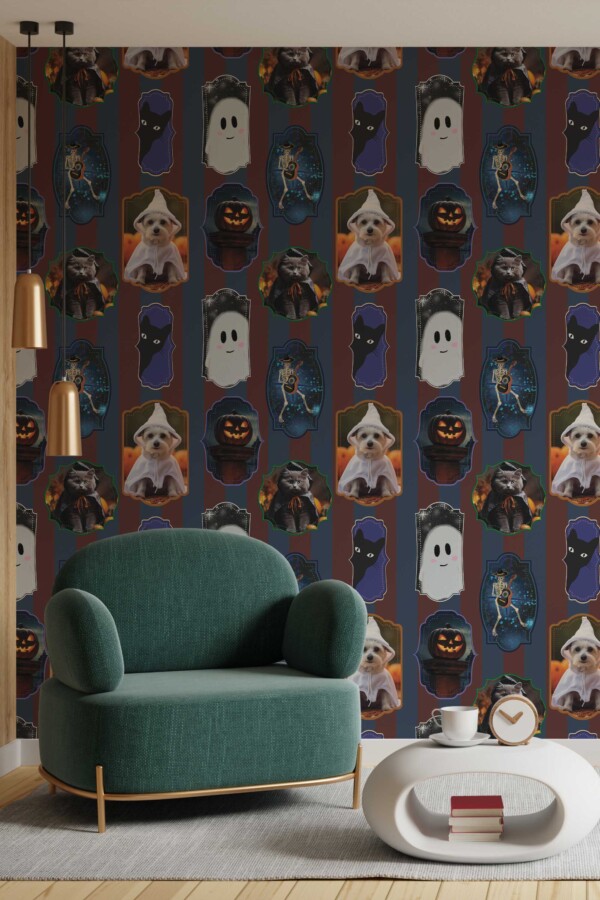Fancy Walls traditional wallpaper styled with brown quirky framed Halloween scenes.