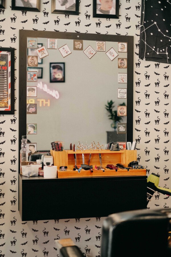 Fancy Walls traditional wallpaper styled with fun black and white cats and bats.