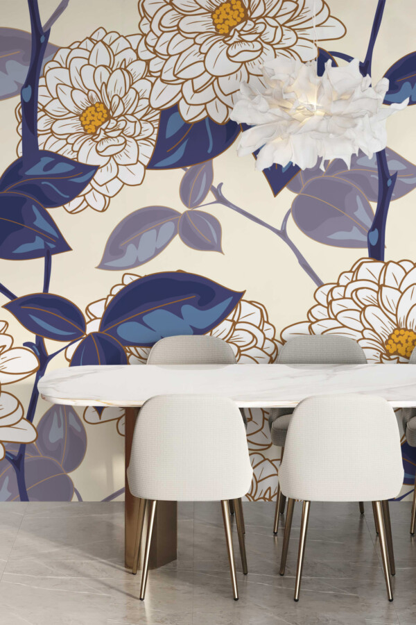 Fancy Walls Chinoiserie White Blue Flowers wall mural printing with detailed bold floral elements.