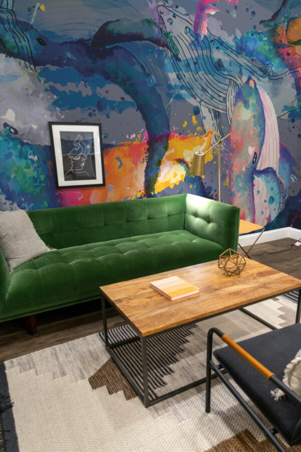 Fancy Walls Colorful Abstract Whale removable wall mural perfect for bathroom or creative interiors.