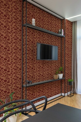 Botanical wallpaper for walls with seamless wildflowers by Fancy Walls. Copper and Maroon peel and stick or non pasted scandinavian floral wallpaper for walls