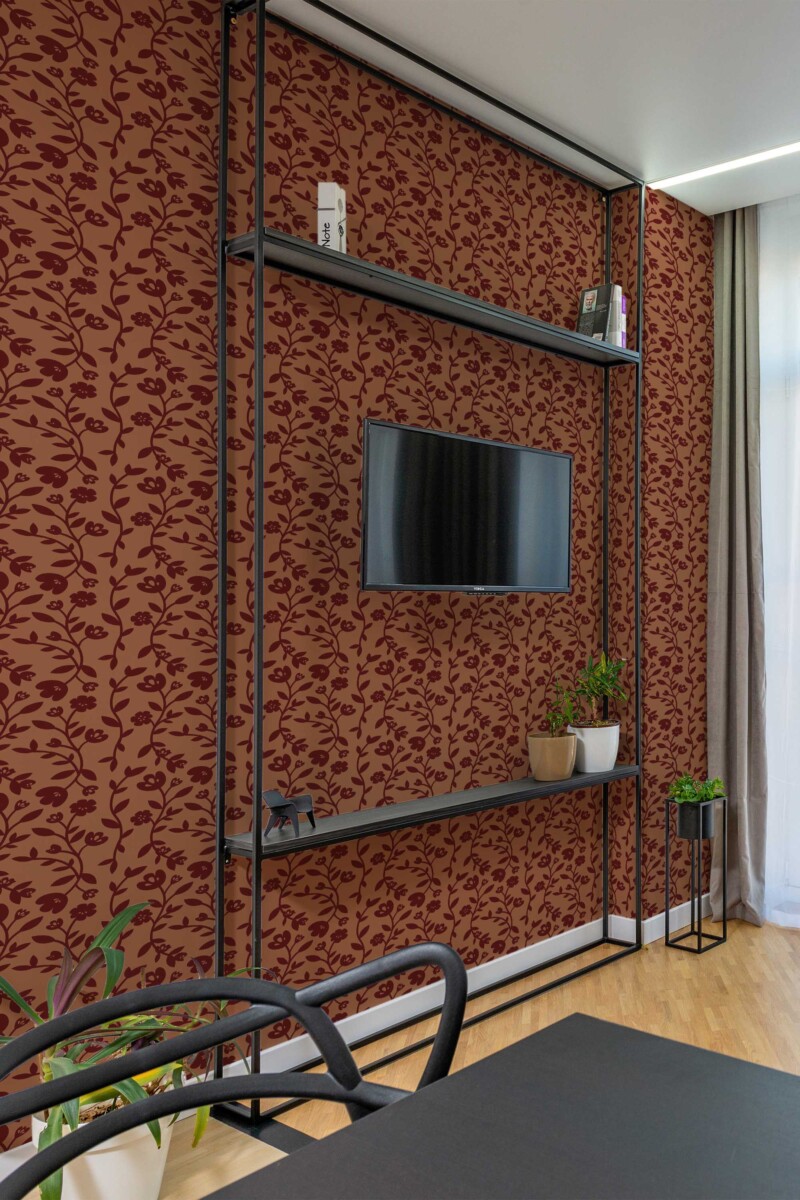 Botanical wallpaper for walls with seamless wildflowers by Fancy Walls. Copper and Maroon peel and stick or non pasted scandinavian floral wallpaper for walls