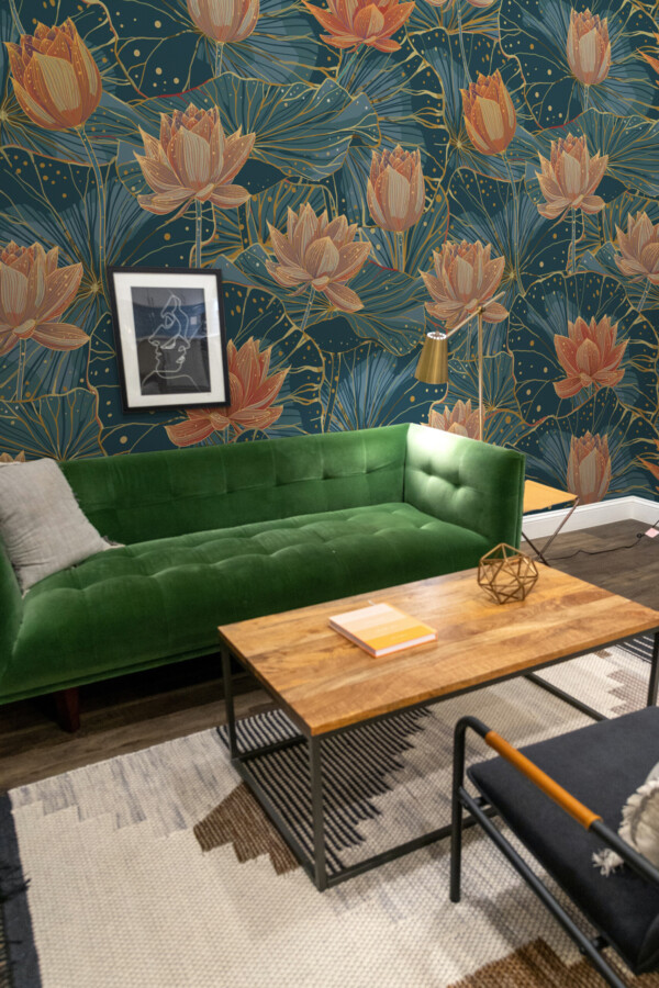 Night Waterlilies Wall Mural with shining orange and pink waterlilies on a deep blue background, perfect for bedrooms or night garden-inspired interiors.