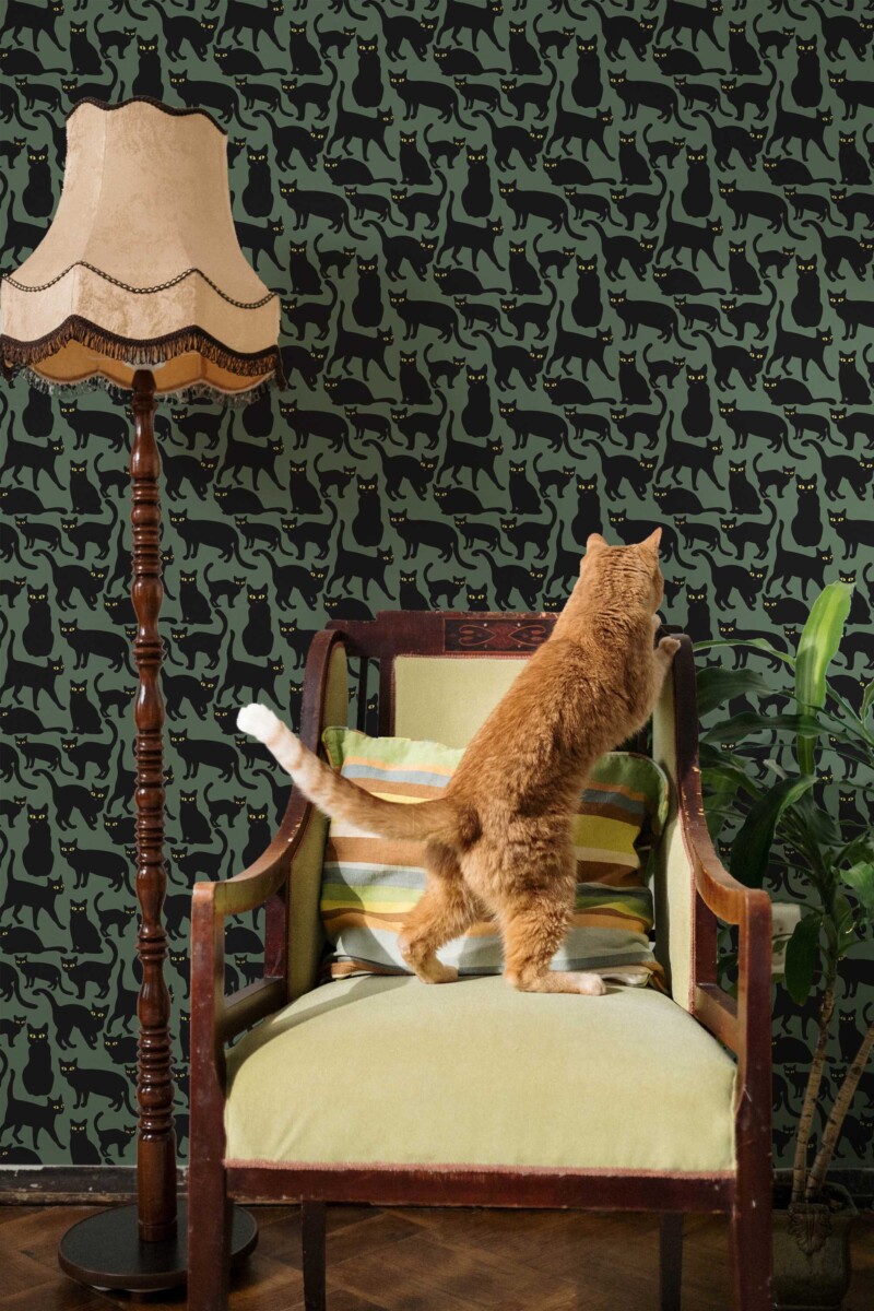 Fancy Walls removable wallpaper with elegant black cats and green eyes creating a mysterious aesthetic.