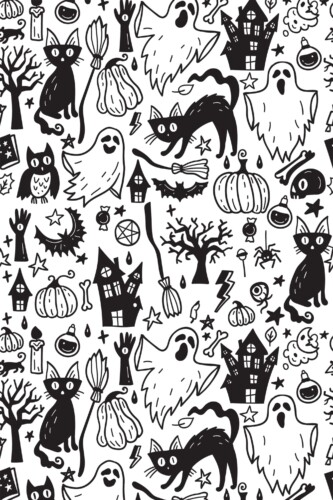 Fancy Walls removable wallpaper with black and white cats pumpkins and broom doodles.