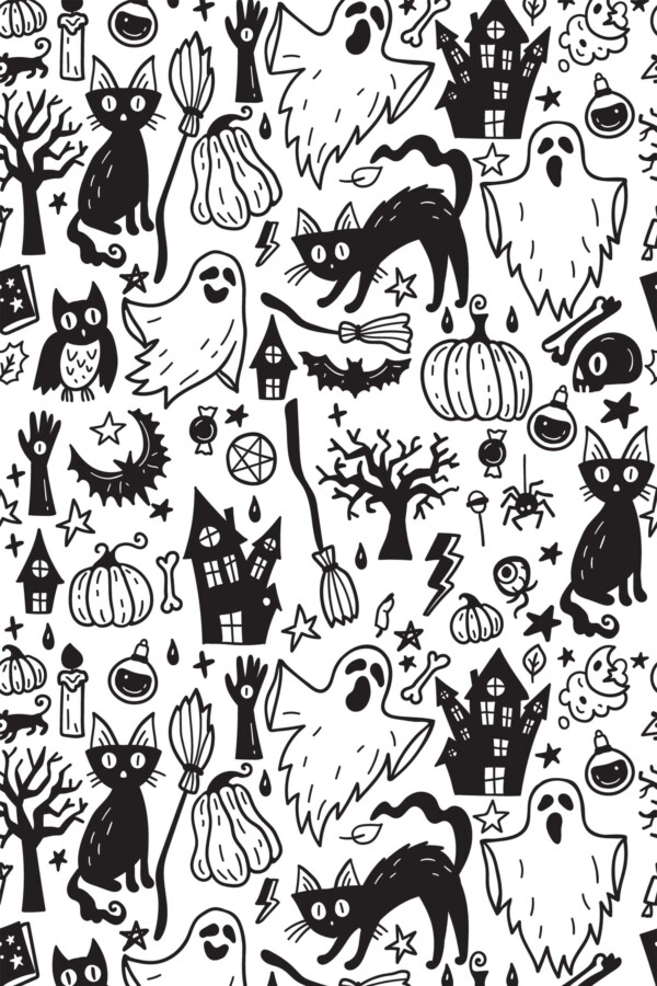 Fancy Walls removable wallpaper with black and white cats pumpkins and broom doodles.