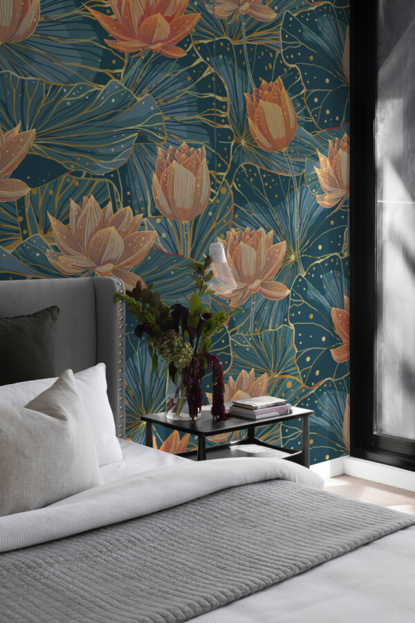 Dark Floral Waterlily Wall Mural featuring dramatic blooms in orange and pink against a navy backdrop, ideal for elegant bedrooms or statement walls.