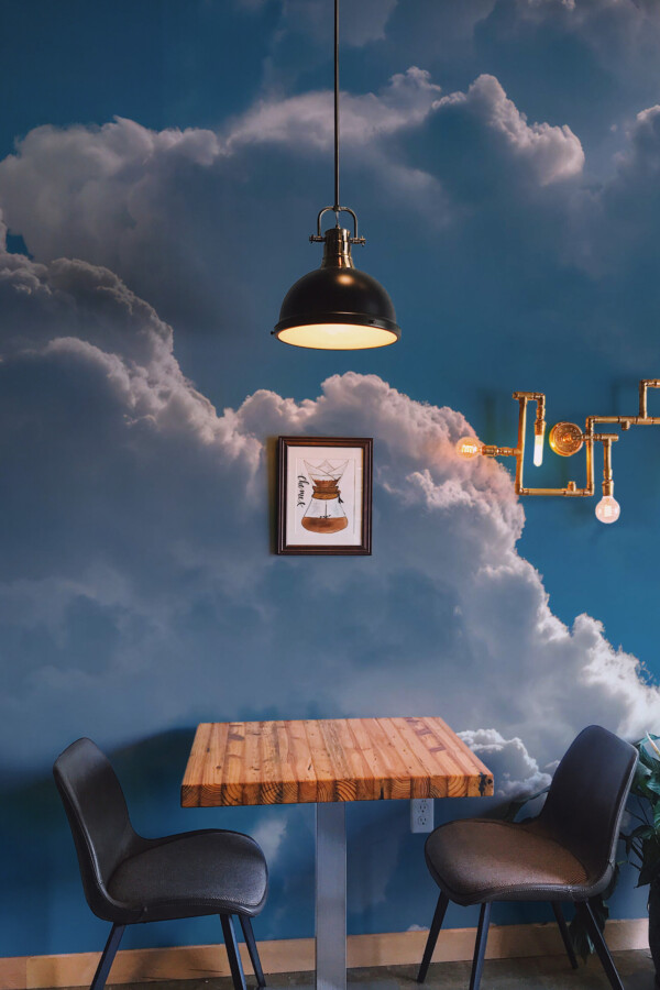 Realistic Fluffy Clouds Wall Mural with a vivid blue background, designed for modern living rooms or cozy bedrooms.