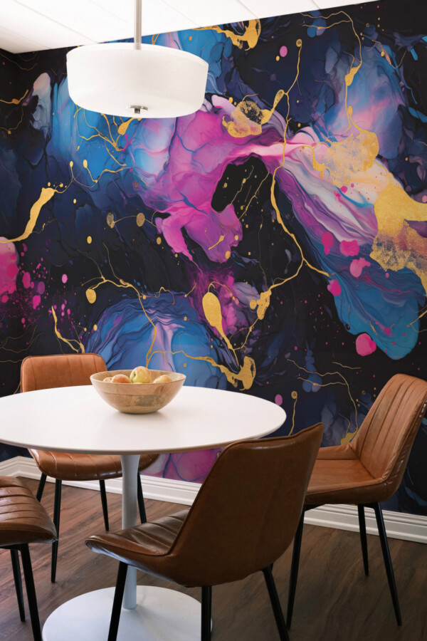 Colorful Marble Look wall mural featuring abstract faux texture with vivid pink, blue, and gold details.