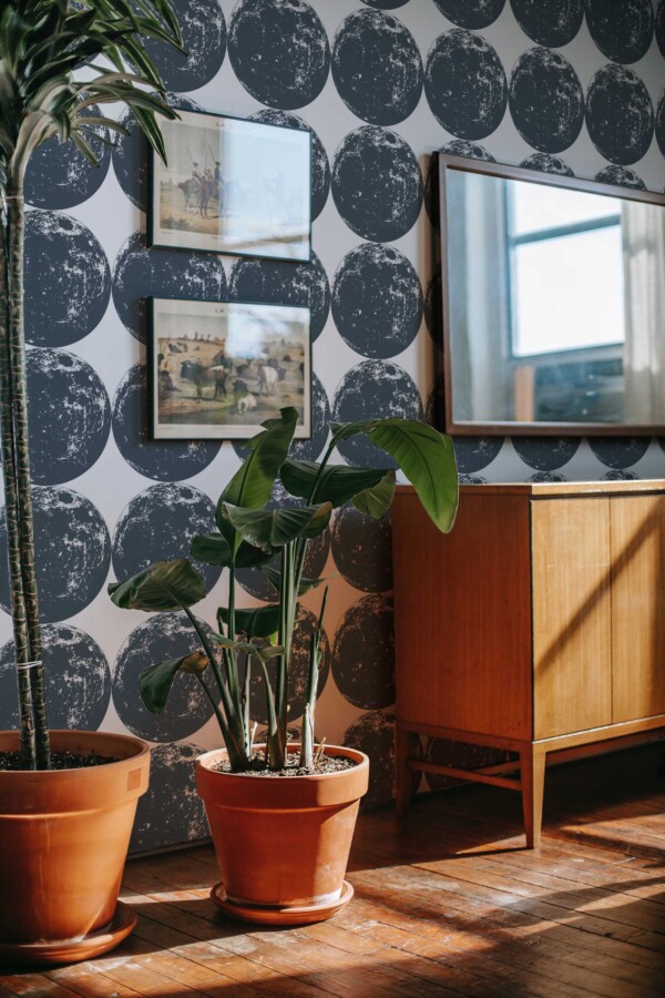Fancy Walls self-adhesive wallpaper featuring abstract gray full moon design.
