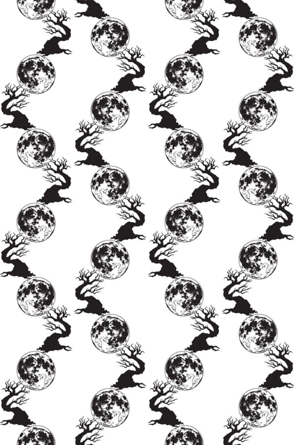 Fancy Walls removable wallpaper featuring flowing monochrome moon and forest pattern