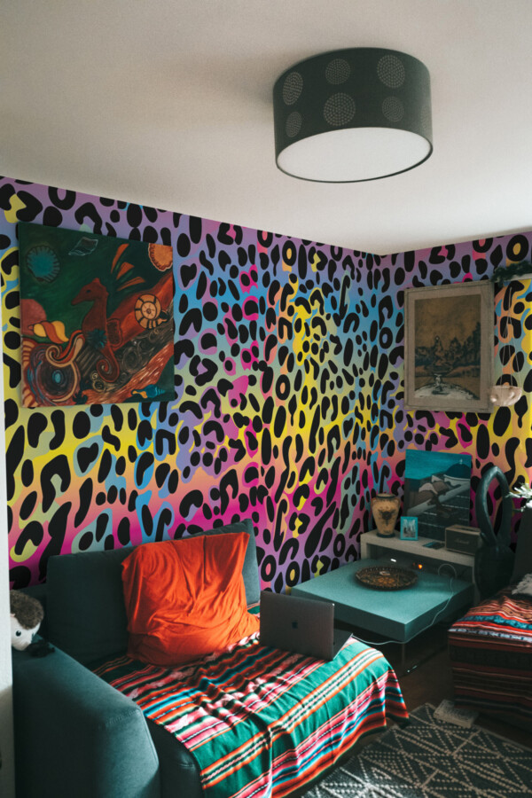 Rainbow Animal Pattern Wall Mural with funky wildcat-inspired print, perfect for living rooms, lounges, or eclectic modern homes.