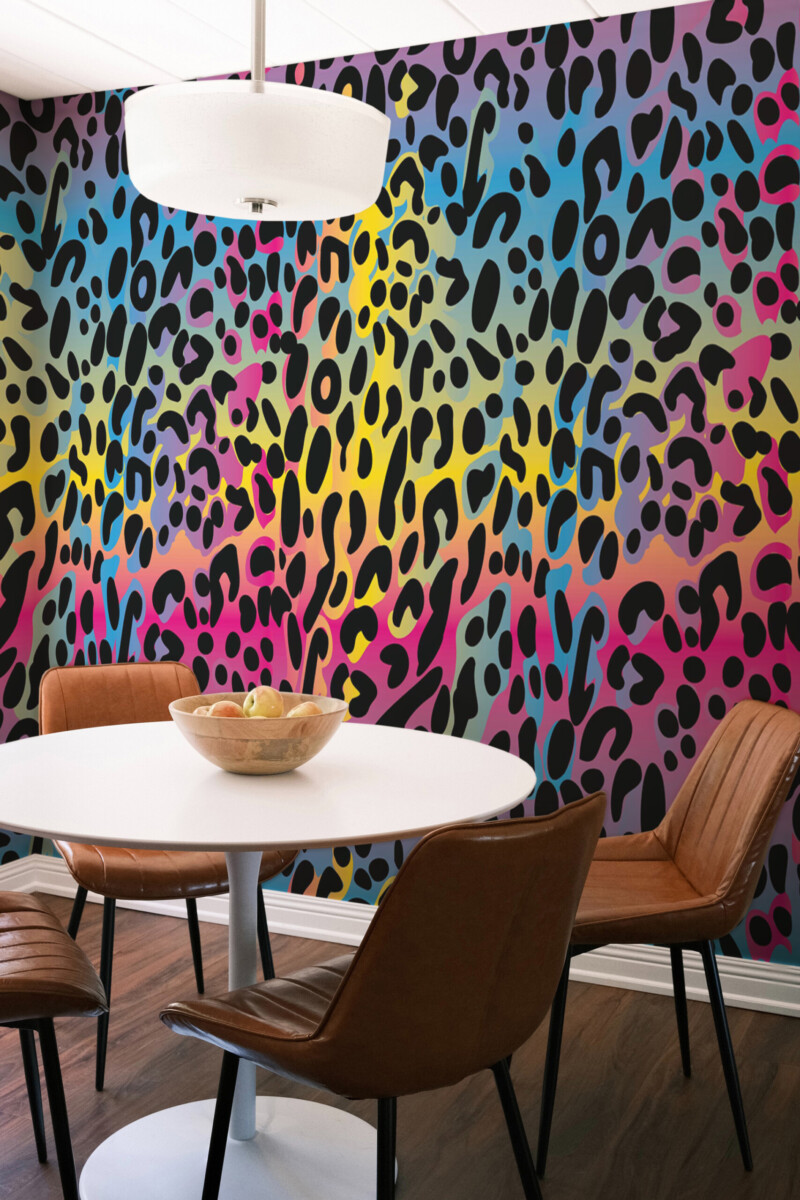 Funky Colorful Leopard Print Wall Mural with bold rainbow tones, creating a playful and daring atmosphere for interiors.