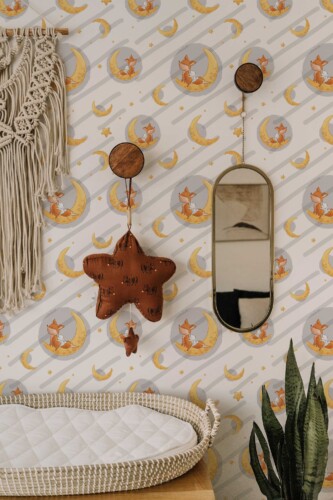 Fancy Walls traditional wallpaper showing whimsical night forest animals. Moon Friends Wallpaper peel and stick or non-pasted PVC-free and eco-friendly nursery wallpaper