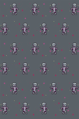 Fancy Walls self-adhesive wallpaper featuring kawaii gray pixel skeletons in fun style.