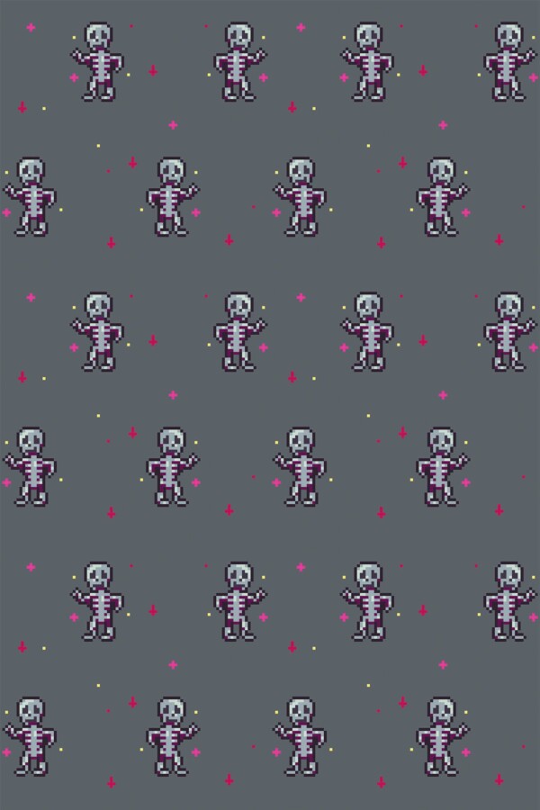 Fancy Walls self-adhesive wallpaper featuring kawaii gray pixel skeletons in fun style.
