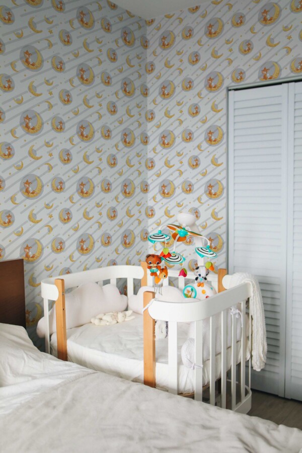 Fancy Walls self-adhesive wallpaper featuring whimsical foxes and bunnies on crescent moons