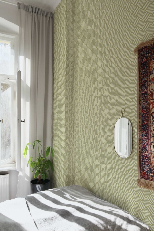 Fancy Walls removable wallpaper with modern green striped interlocking square design