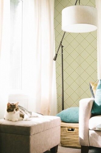 Fancy Walls peel and stick wallpaper with green and white striped geometric cube design