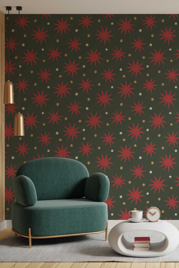 Fancy Walls self-adhesive wallpaper featuring vintage Christmas stars in green tones.