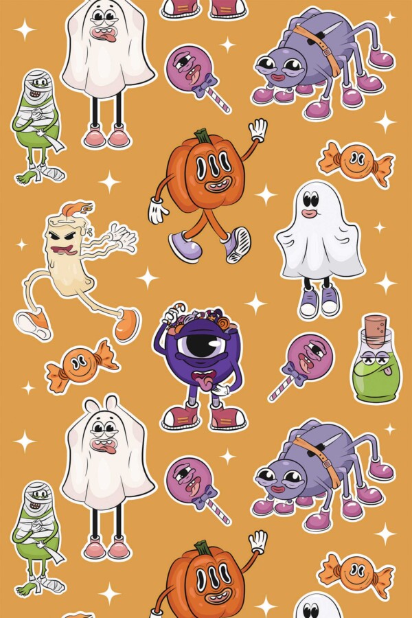 Fancy Walls removable wallpaper with psychedelic candy style orange pumpkins.