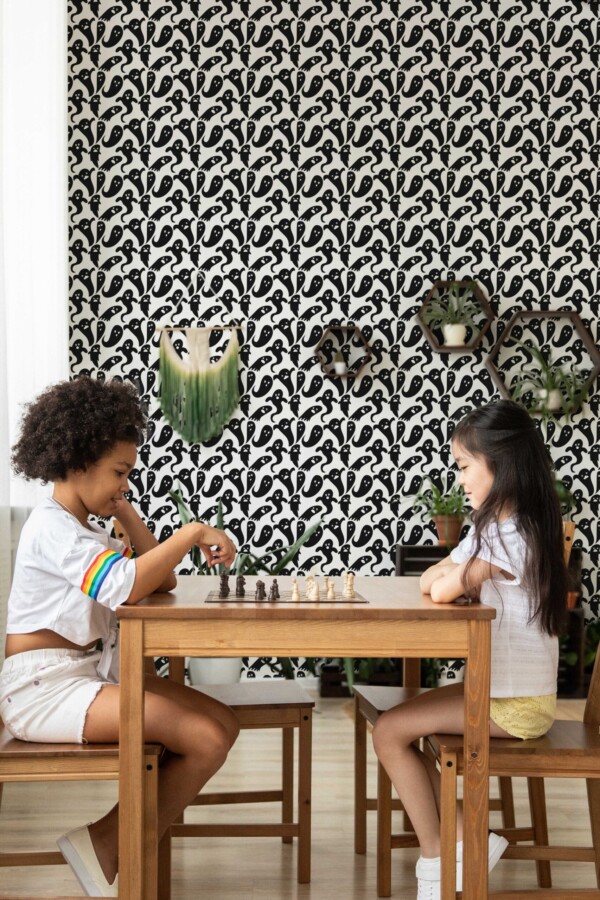 Fancy Walls traditional wallpaper with playful black and white ghost drawings