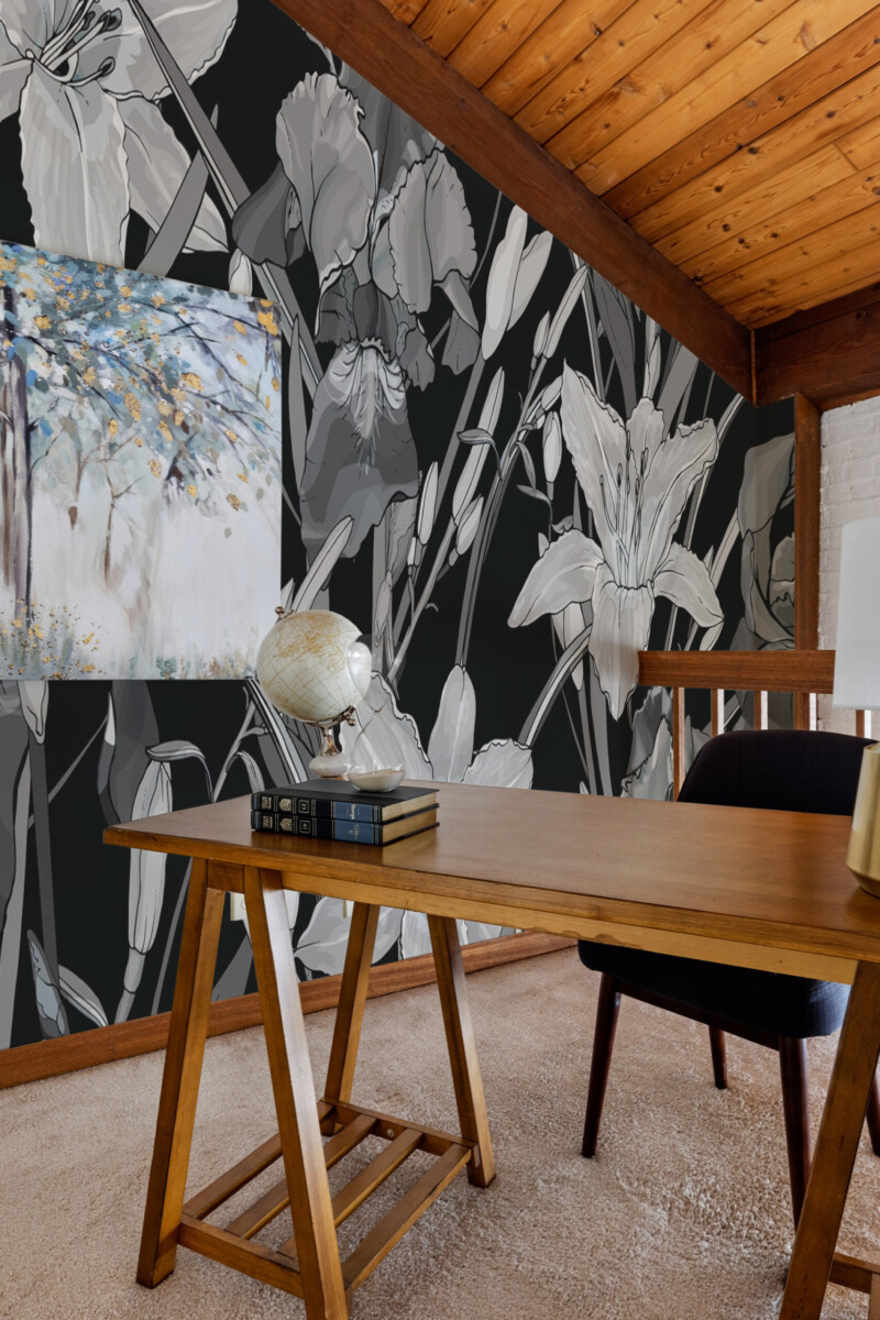 Bold Monochrome Flowers Wall Mural with detailed botanical outlines, adding timeless artistry to living room walls.