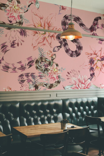 Pink Floral Serpent Wall Mural with snakes and flowers in bold watercolor style, perfect for bedrooms or accent walls.