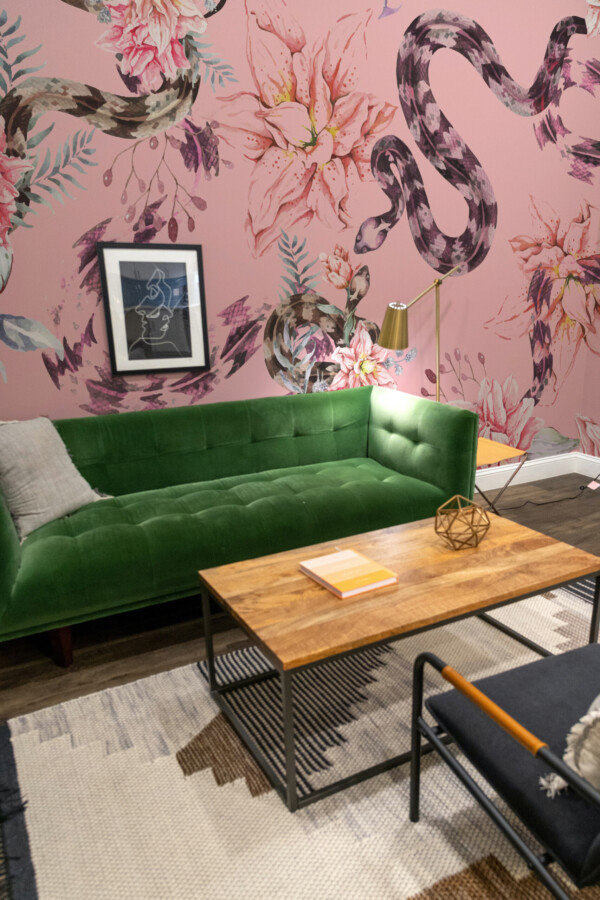 Eclectic Snakes and Flowers Wall Mural with detailed watercolor serpents and pink blossoms, adding bold contrast to bedrooms.