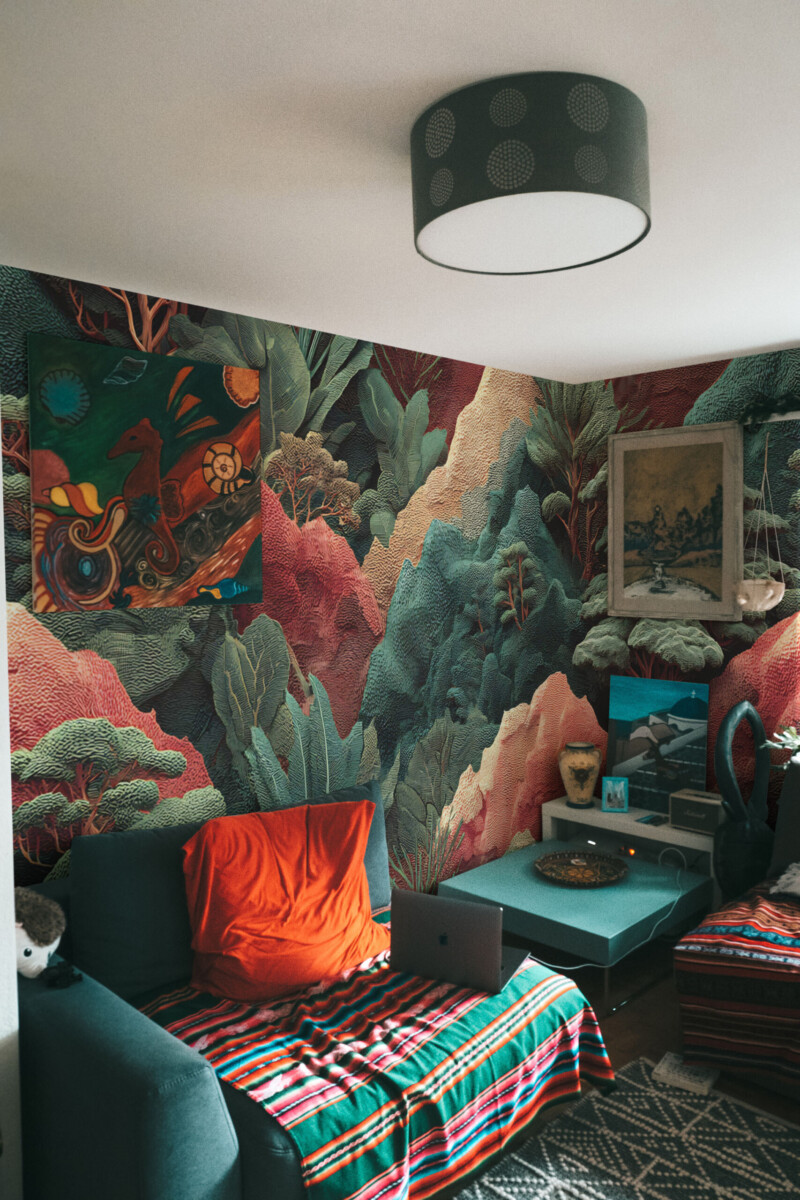 Fancy Walls 3D Textured Forest Mountain removable wall mural for living room interiors with dramatic depth and color.