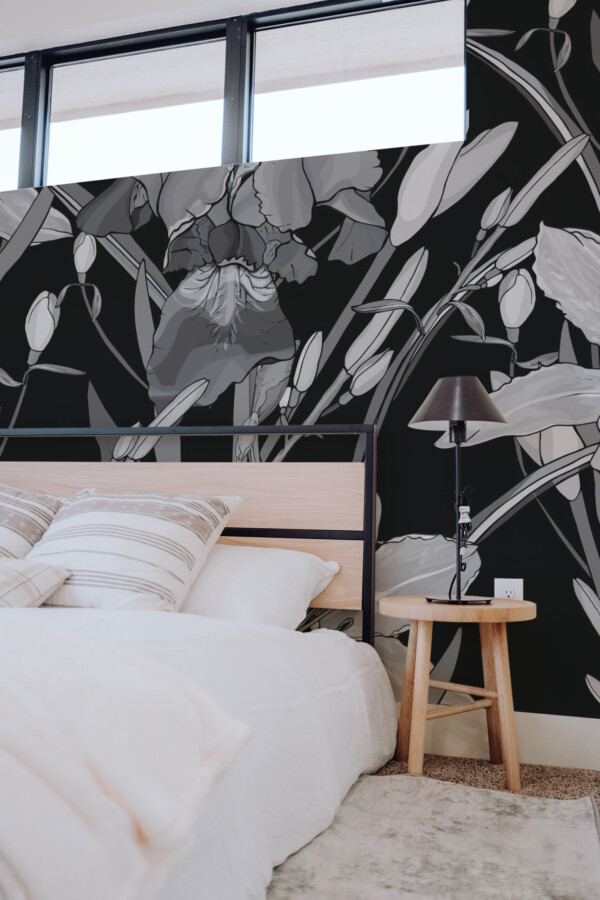 Monochrome Lily and Iris Wall Mural with black background and outlined blooms, creating striking contrast in interiors.