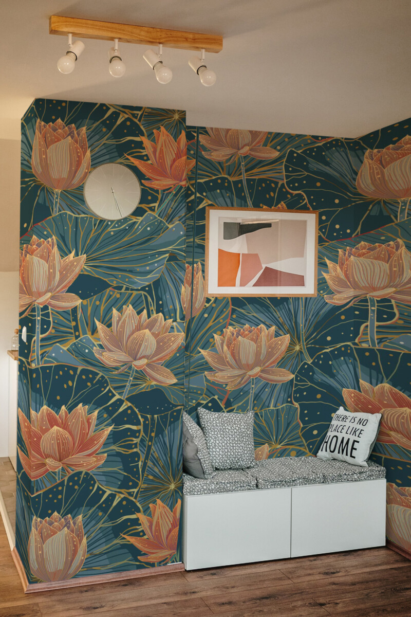 Chinoiserie Night Waterlilies Wall Mural with botanical charm and bold floral details, perfect for adding depth and luxury to bedroom spaces.