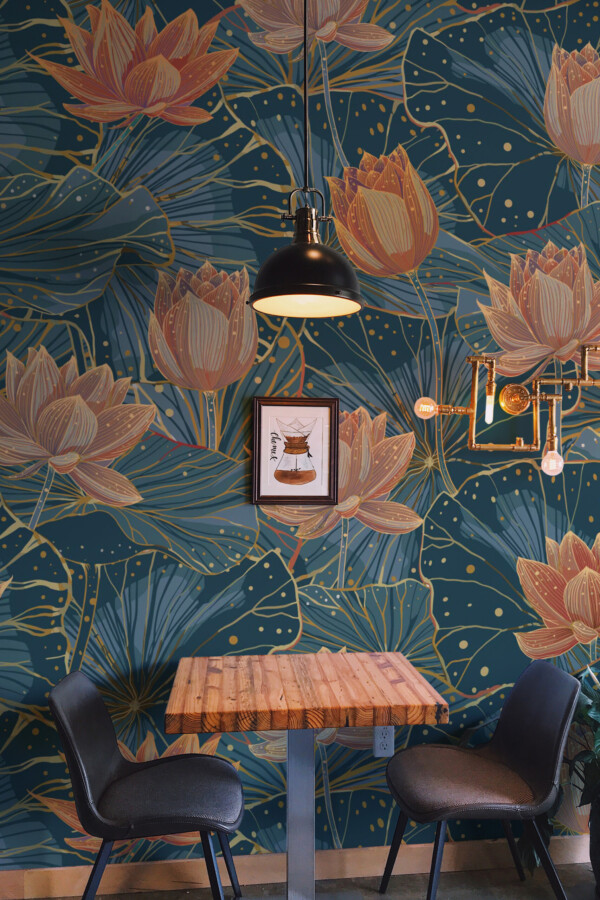Blue and Orange Waterlilies Wall Mural with glowing flowers and large leaves, bringing refined artistry to bedroom or reading corner interiors.