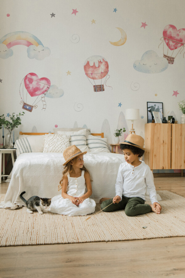 Pastel Nursery Landscape Wall Mural with watercolor mountains, rainbow, stars, and moon, ideal for calming kids’ rooms.