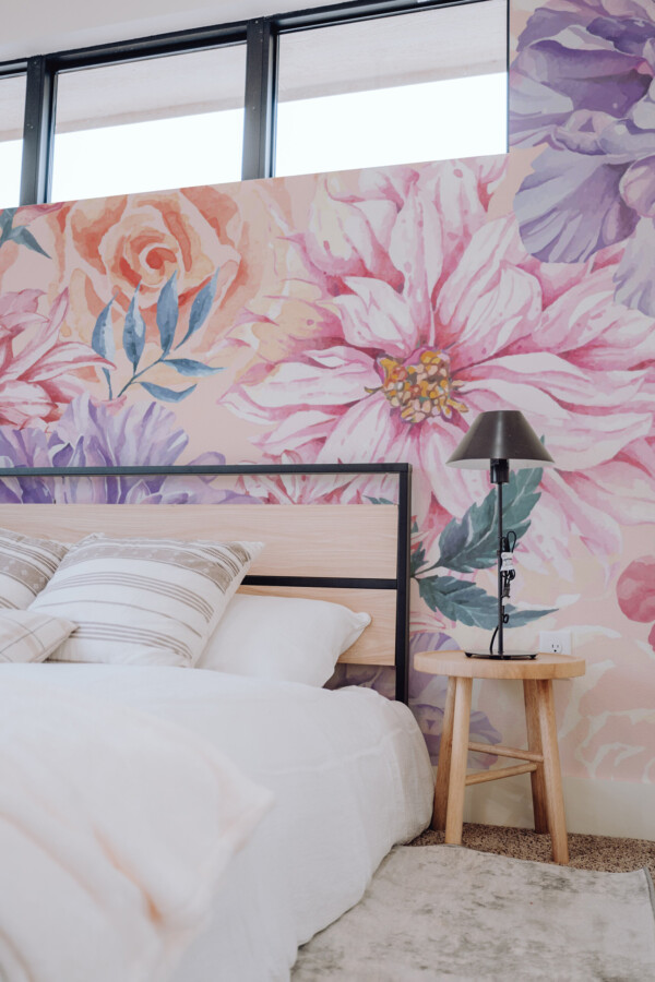 Pastel aesthetic Watercolor Floral wall mural with purple and pink florals, great for bedrooms and cozy decorative spaces.