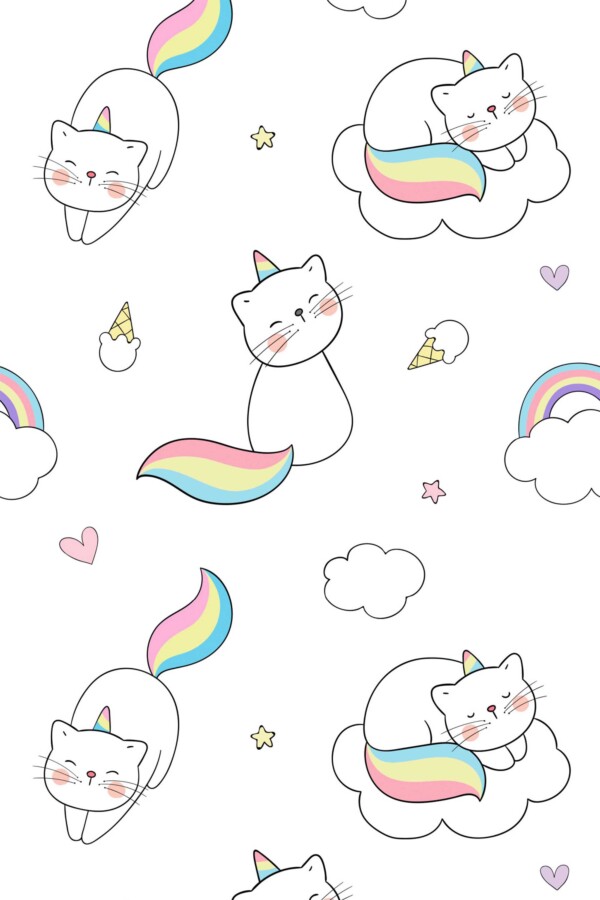 Fancy Walls removable wallpaper with kawaii caticorn pattern in clouds