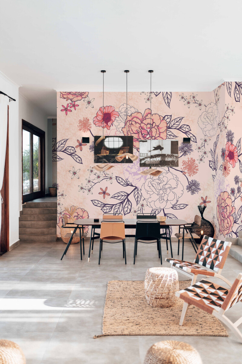 Botanical Soft Floral peel and stick mural with outlined blooms and pastel aesthetic design.