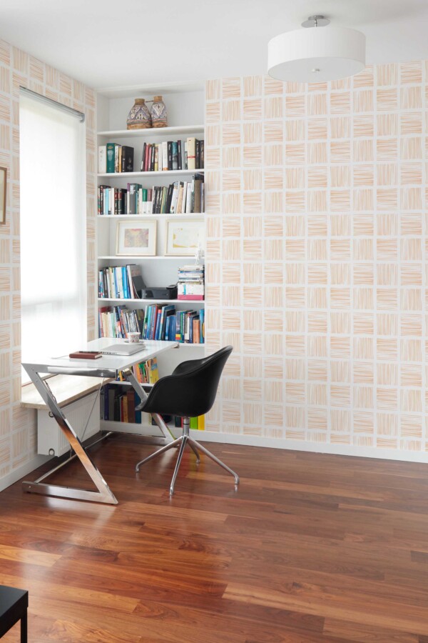 Fancy Walls removable wallpaper with dynamic peach grid pattern