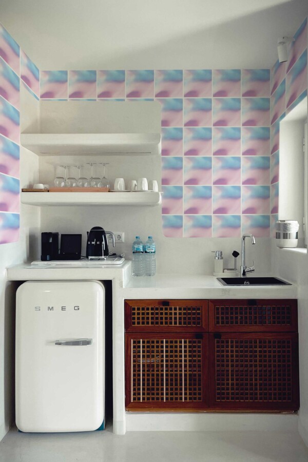 Gradient Tiles self-adhesive wallpaper in soft pink and blue hues from Fancy Walls