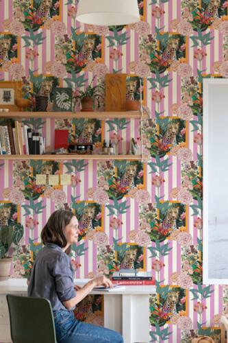 bold pink collage wallpaper for office