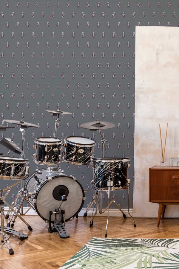 Fancy Walls traditional wallpaper styled with gray dancing pixel skeletons.