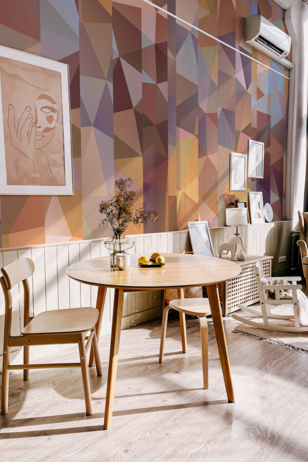 Abstract Striped Polygon wall mural in earthy tones, designed for game rooms, play spaces, or modern accent walls.
