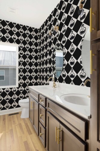 Fancy Walls self-adhesive wallpaper featuring bold black and white potion design. Witchcraft Potions peel and stick or non-pasted seasonal halloween wallpaper for walls