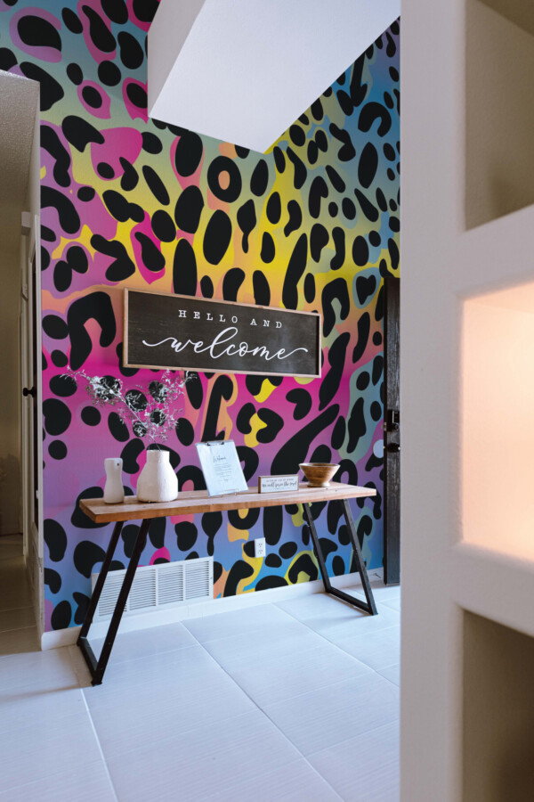 Bold Rainbow Leopard Wall Mural with black animal spots across colorful gradients, adding wild energy to living room walls.