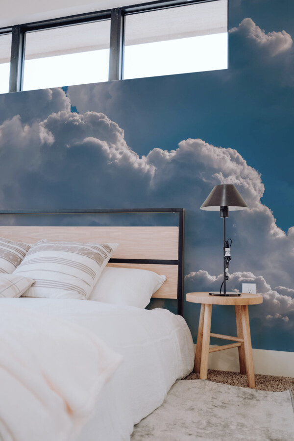 Blue Sky Clouds Wall Mural with large bold cloud shapes, adding airy depth to living rooms or meditation spaces.